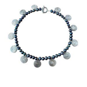 Real Pearl Necklace With Silver Toned Spiral Accents & Toggle Clasp